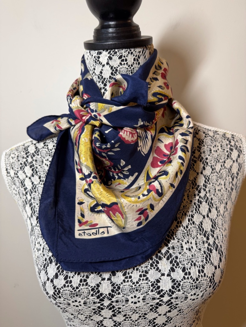 Talbots silk scarf navy yellow red floral batik style rolled edges square - Picture 3 of 6